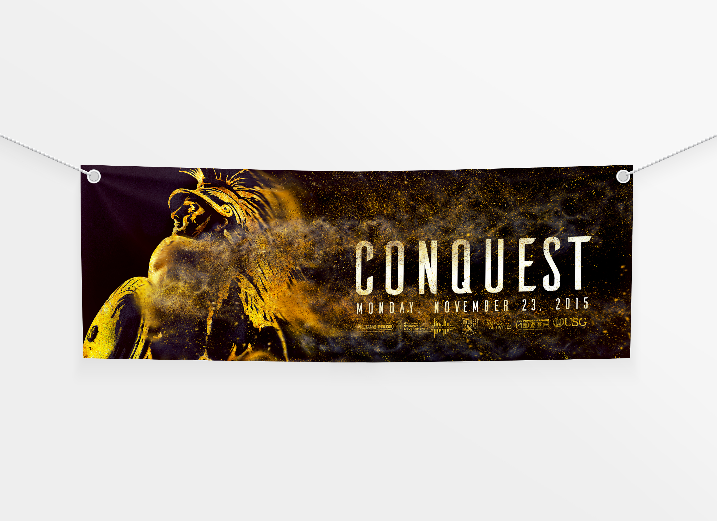 Conquest banner with Tommy Trojan