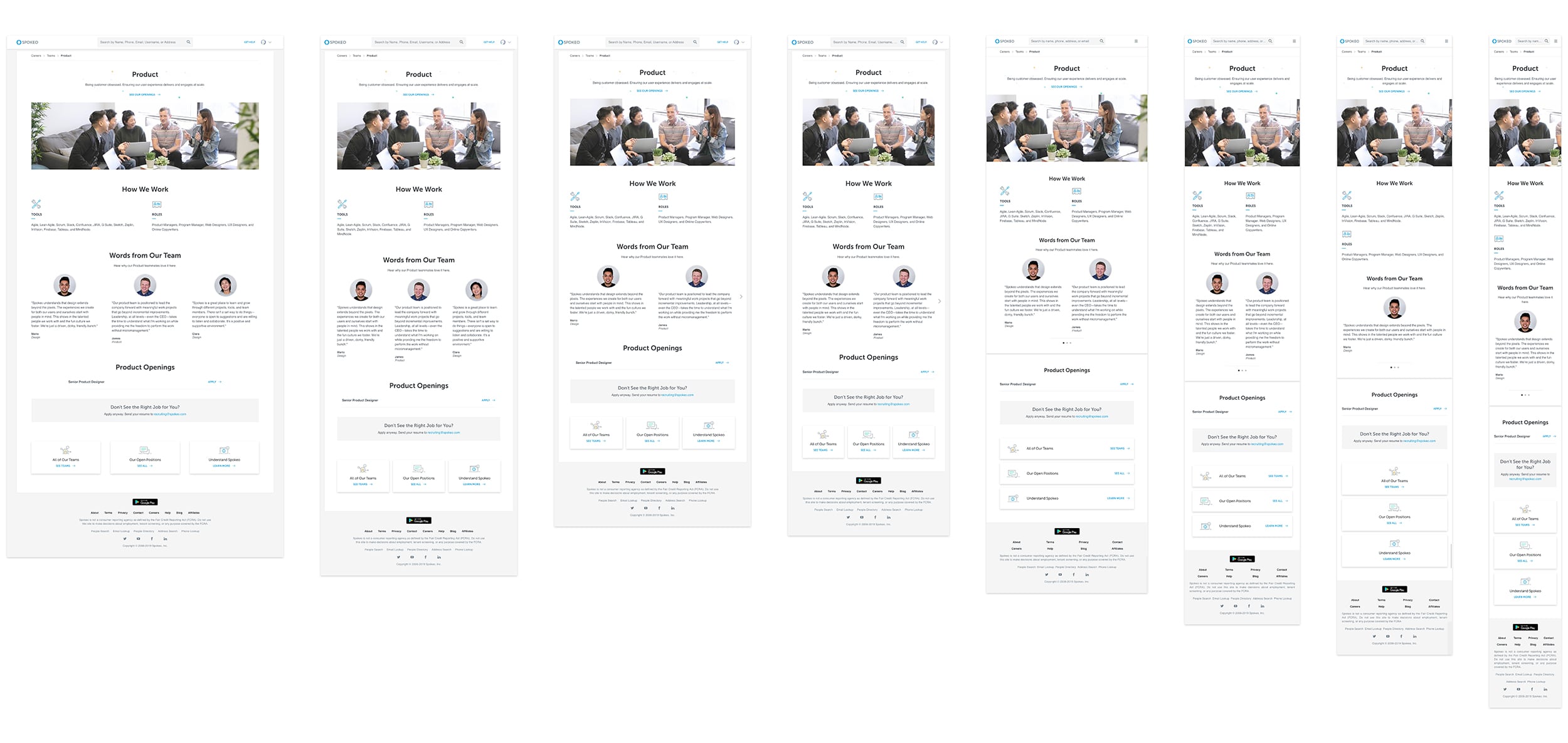 Responsive sizes of the Product Team page from desktop to mobile.